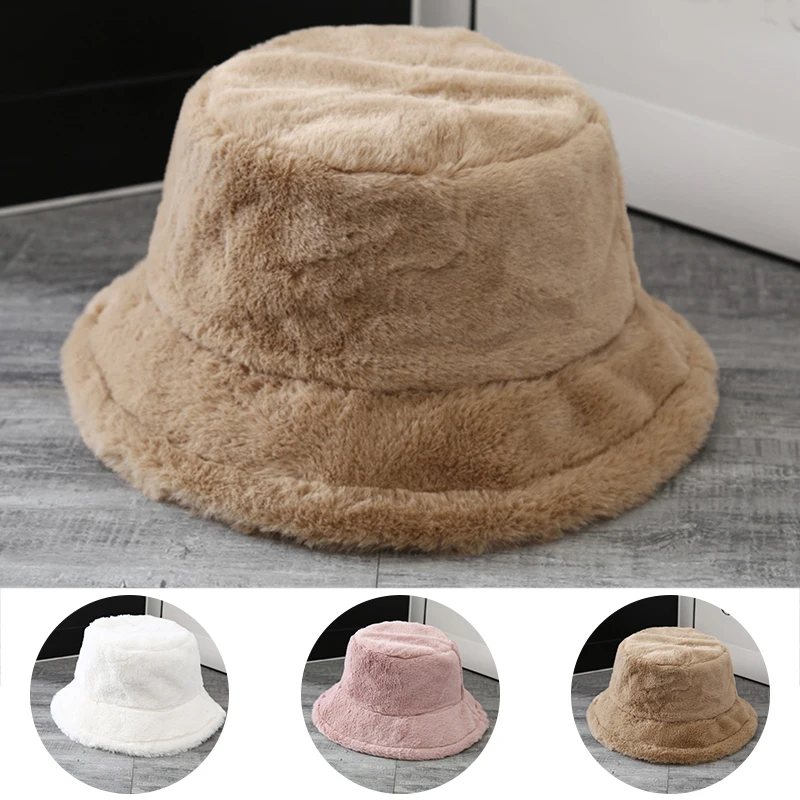 Faux Rabbit Fur Women's Hats Winter Warm Fluffy Plush Panama Flat Caps Soft Russian Female Fashion Fisherman's Hat Headgear images - 6