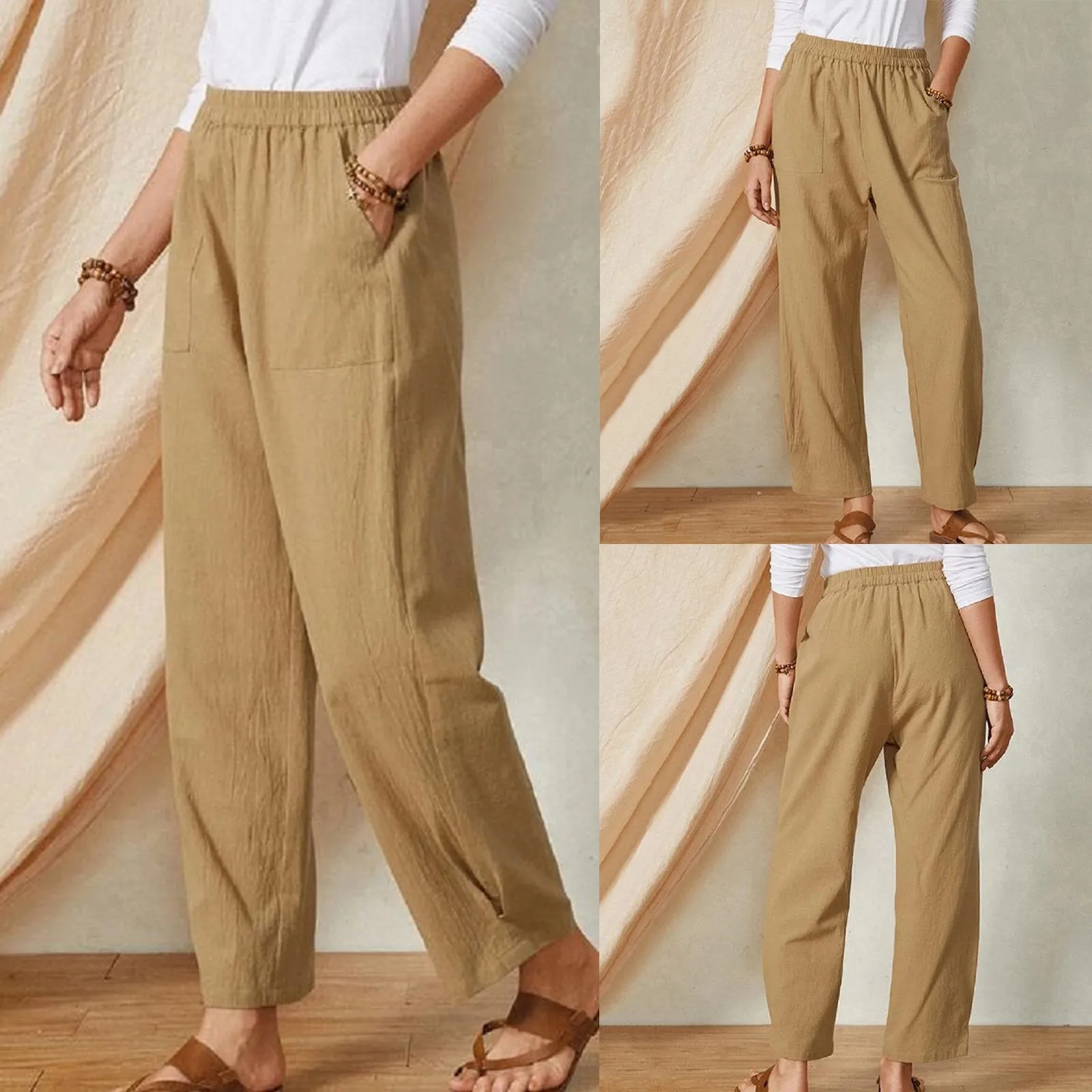 

Solid Harem Pants Women Cotton-Linen Elastic Trousers With Pocket Wide Leg Pants Mid Waist Ankle-Length Pants Lightweight A20