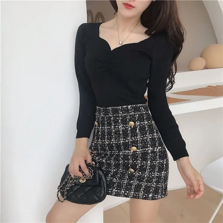 2020 Women Autumn Knitted Sweater Solid Square Collar Female Cotton Soft Elastic Pullovers Full Sleeve Sexy Fashion Top | Женская одежда