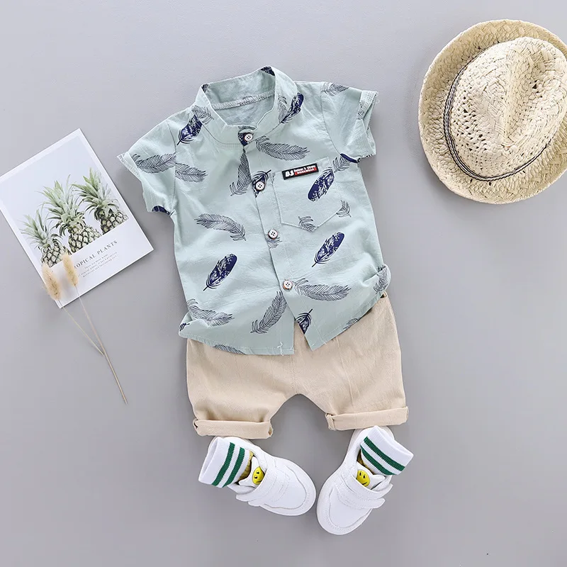 

Summer Shirt Sets for Toddler Boy Clothes Baby Suit New Fashion Feather Print Set Infant Boys Clothes Set Children Kids Clothing