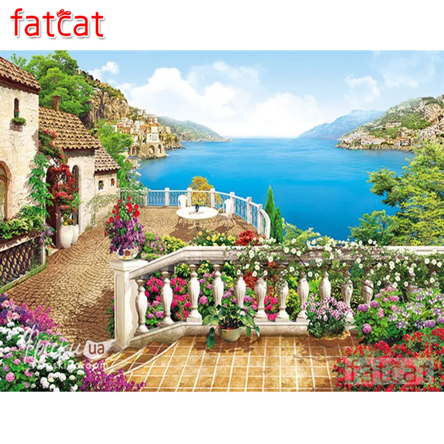 Алмазная 5d картина FATCAT «сделай сам», вышивка садом по морю, полноразмерная мозаика с квадратными и круглыми стразами, наклейки ландшафта AE1793