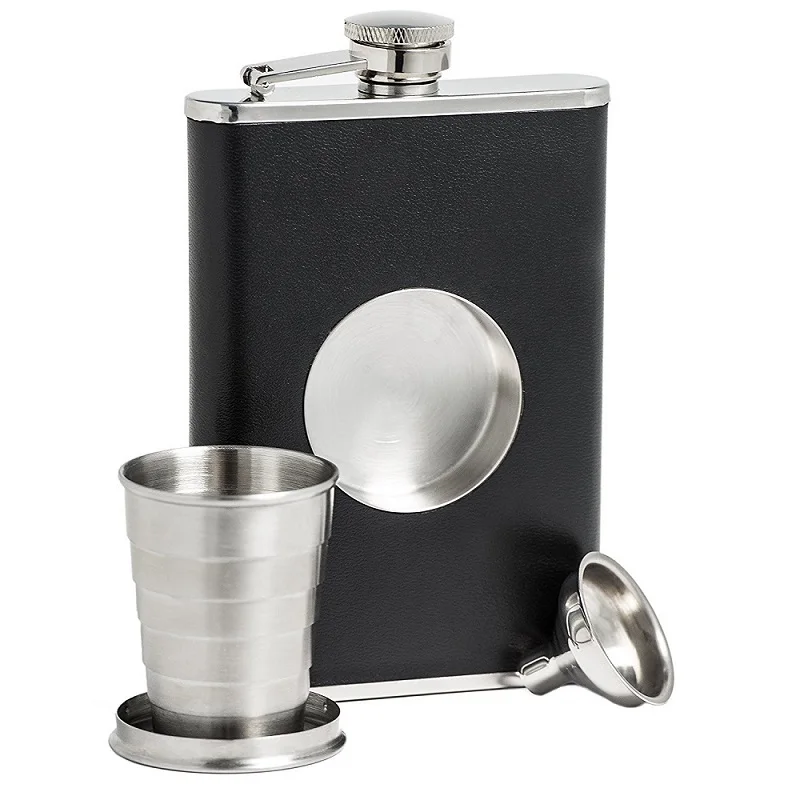 

8OZ Stainless Steel Wine Pot Portable PU Hip Flask Vintage Style Travel Whiskey Alcohol Liquor Bottle TeleScope Cup Free Funnel