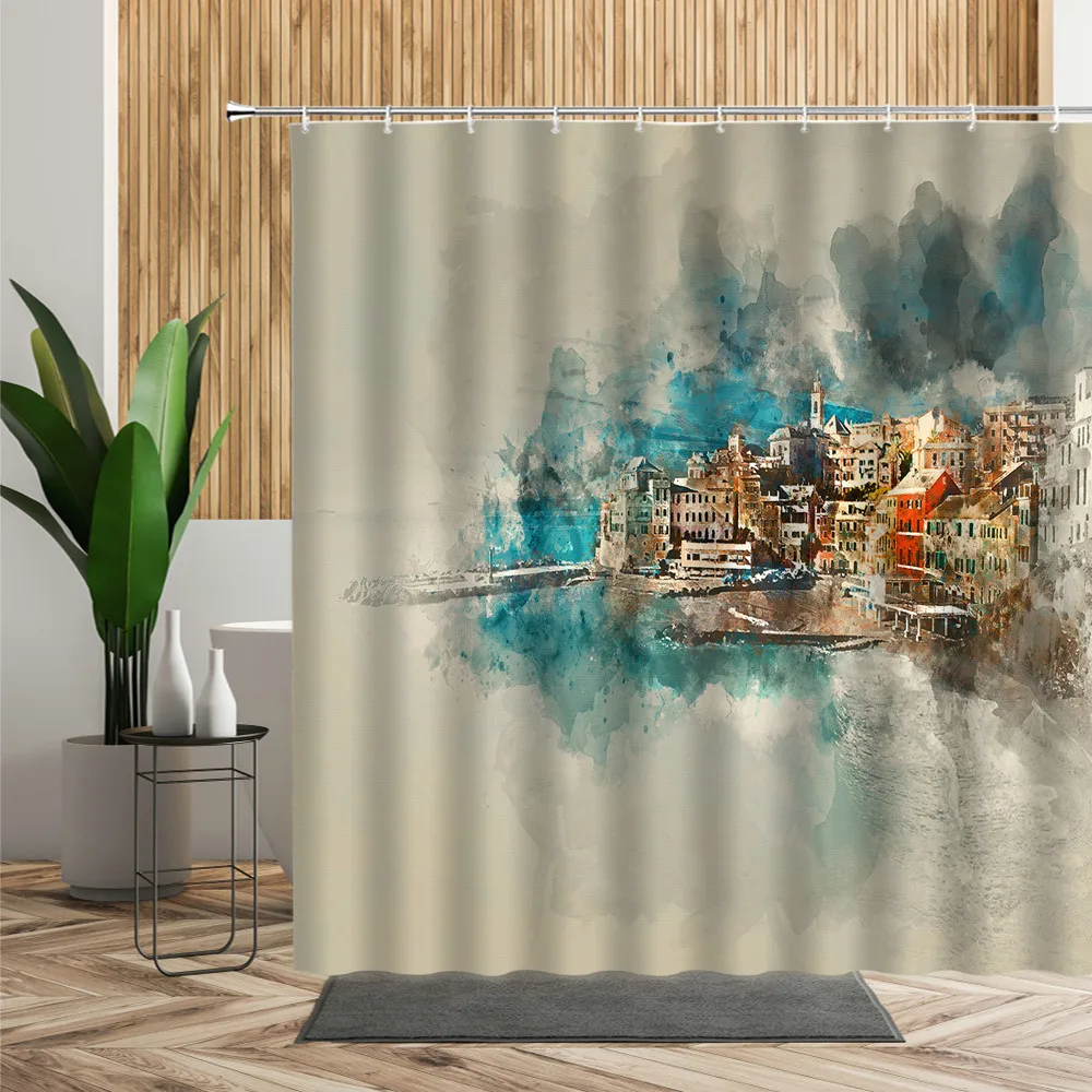 

Modern Europe Style Shower Curtain Church Building Hand Painted Bathroom Decor Waterproof Fabric With Hooks Living Room Curtains