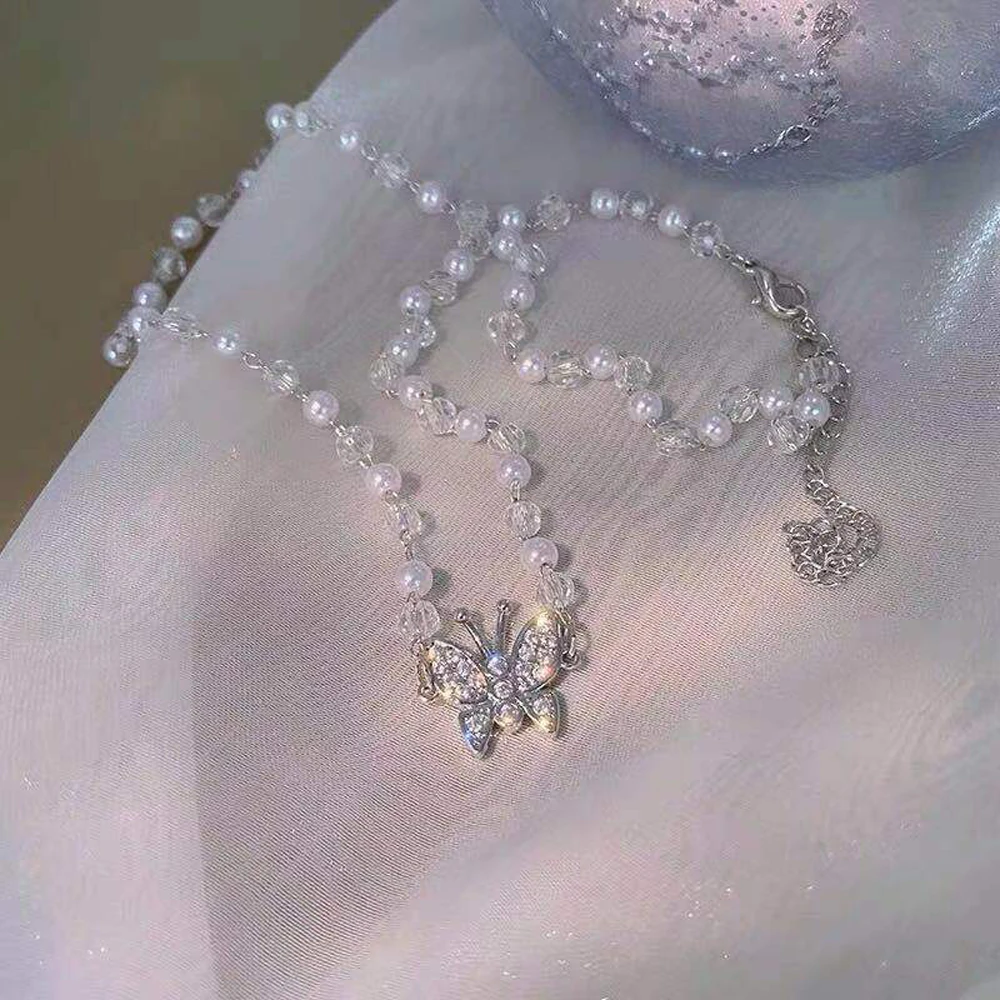 

Bohemia Han Edition Cute/Romantic Crystal Pearl Necklace Butterfly Female Tide Temperament Creative Trendy Pendant Necklace