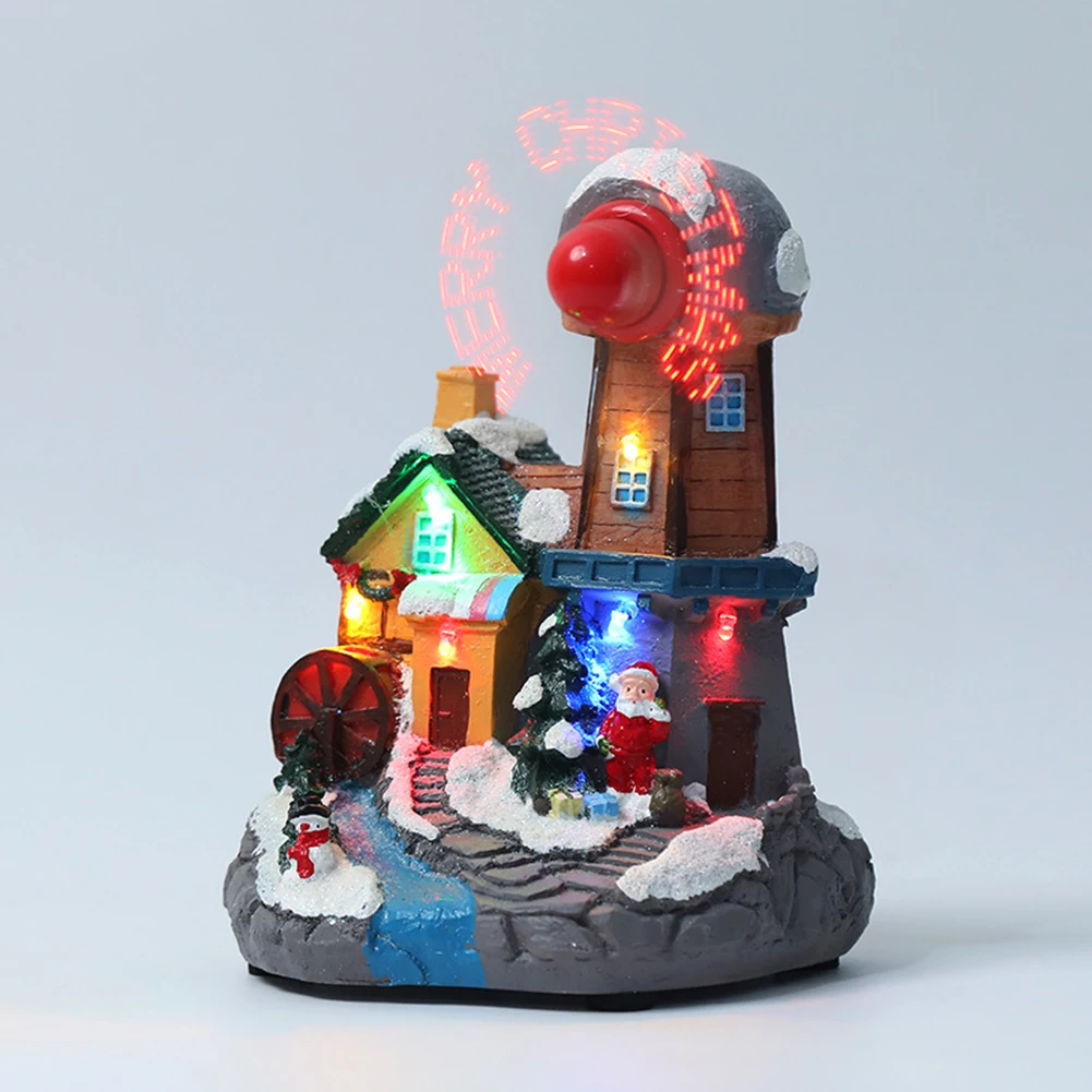 

Christmas Santa Snowhouse with Windmill Color Light Home Luminous Resin Statue Holiday Festival Decoration