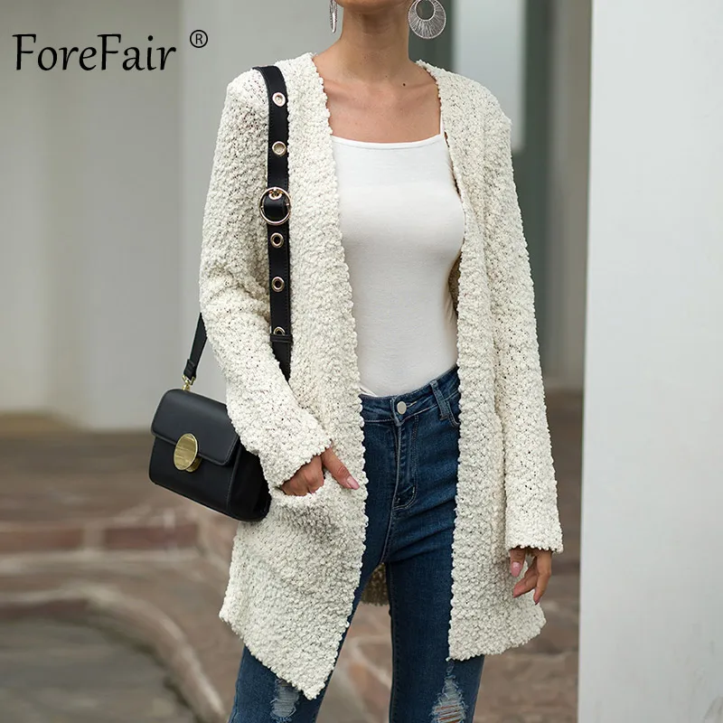 Forefair попкорн Повседневный длинный кардиган женское осеннее пальто Модный женский тонкий черный хаки белый однотонный вязаный кардиган
