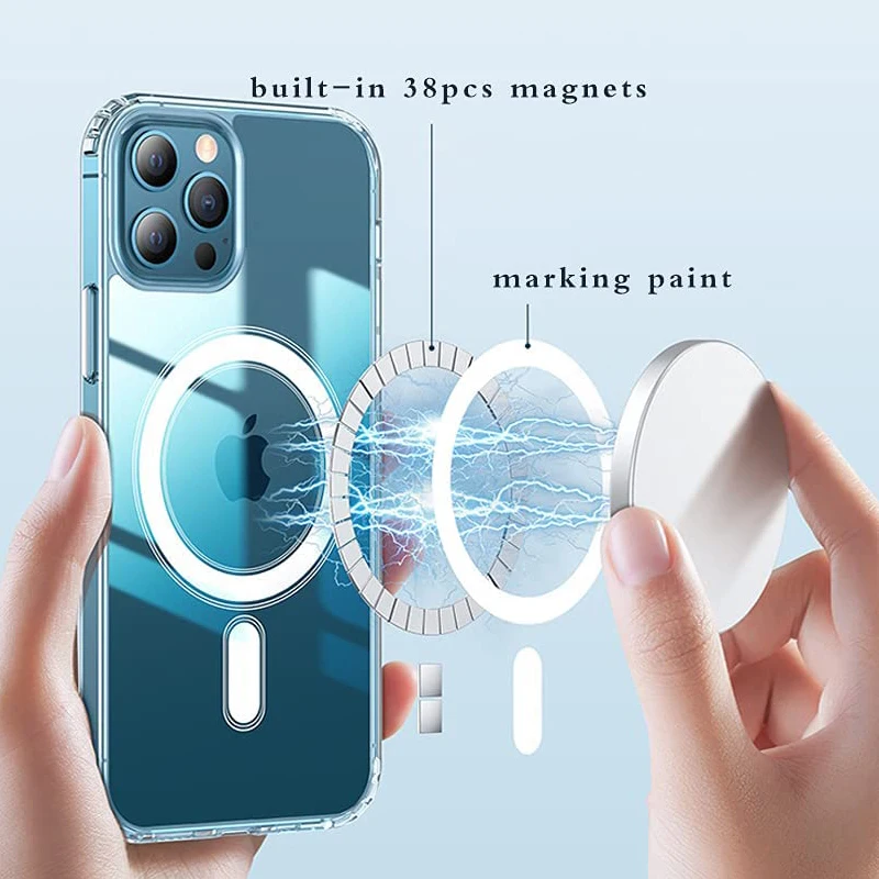 

Magnetic Case For iPhone 13 12 Pro Max Shockproof Transparent Cover For iPhone 13 Pro Max Wireless Charger Magnet Back Cover