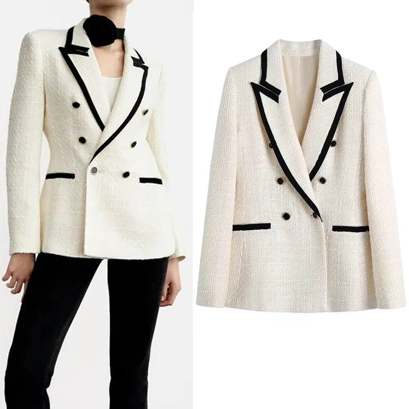 

TRAF Za Piping Tweed Blazer Women 2021 Double Breasted Fitted Coat Long Sleeve Autumn Jacket Contrast Elegant Female Blazer