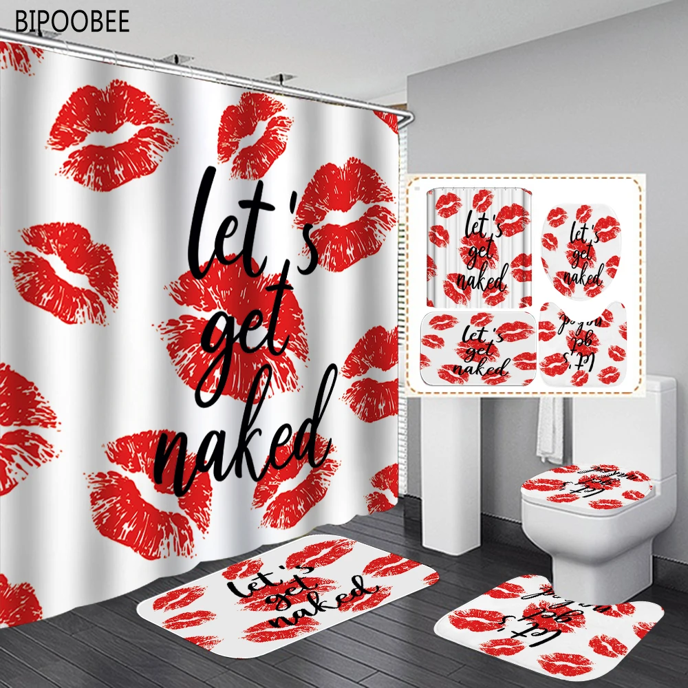 

Get Naked Pattern Bathroom Curtain Red Lips Printing White Shower Curtains Non-Slip Pedestal Rug Toilet Lid Cover Bath Mat Set