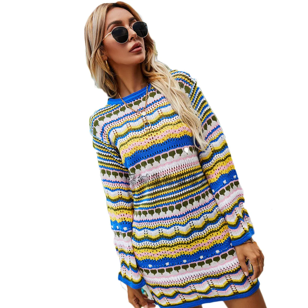 

Knitted Sweater Women Fall/Winter 2021 New Mid-Length Round Neck Street Rainbow Striped Long-Sleeved Pullover Sweaters T148