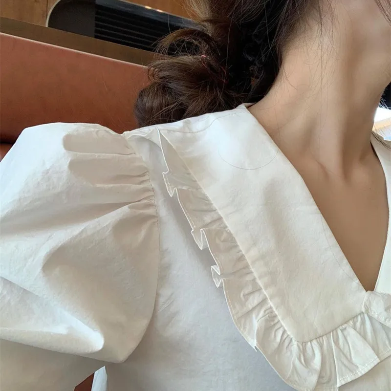 

Nomikuma Sweet Peter Pan Collar Women Shirt Korean Causal Puff Sleeve Blusas Femme 2021 Spring New Blusas Camisas Mujer 6F289