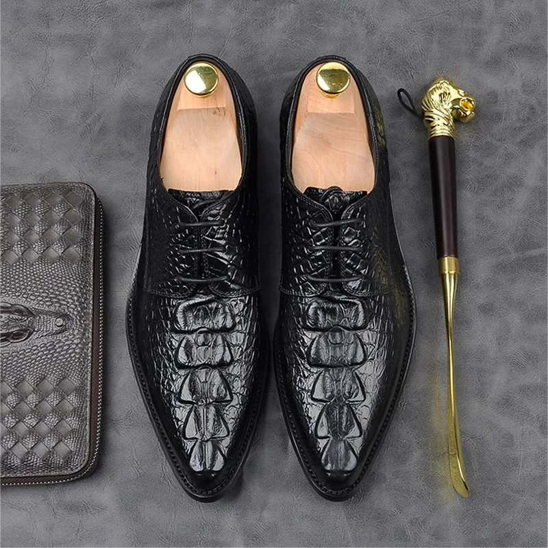 

Classic Men Oxfrod Shoes Lace Up Pointed Toe Alligator Pattern Men Dress Shoes Business Wedding Genuine Leather Formal Shoes G25