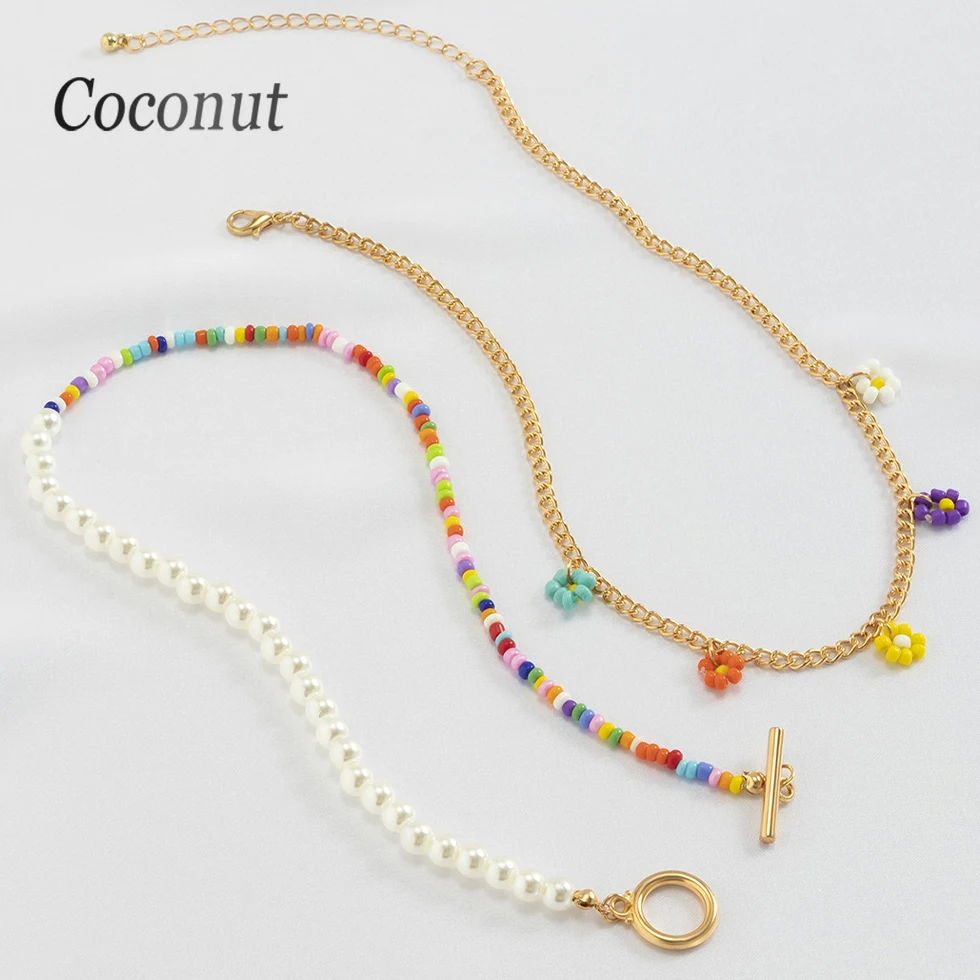 

Sweet Cute Rainbow Acrylic Beaded Necklaces For Girls Women Pearl Beads Choker Necklace Colour Flowers Pendant Chains Necklaces