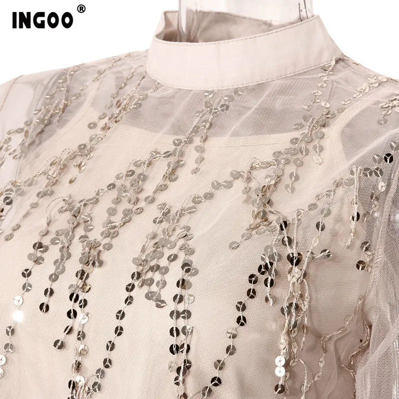 INGOO женская блузка с пайетками элегантная высоким горлом модная повседневная