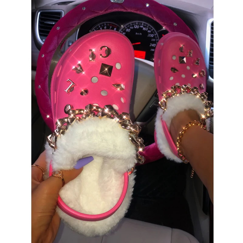 

Autumn New Women's Plush Hole Shoes Fashion Mid Heel Plush Slippers Casual Outdoor Women's Shoes Plus Size 41