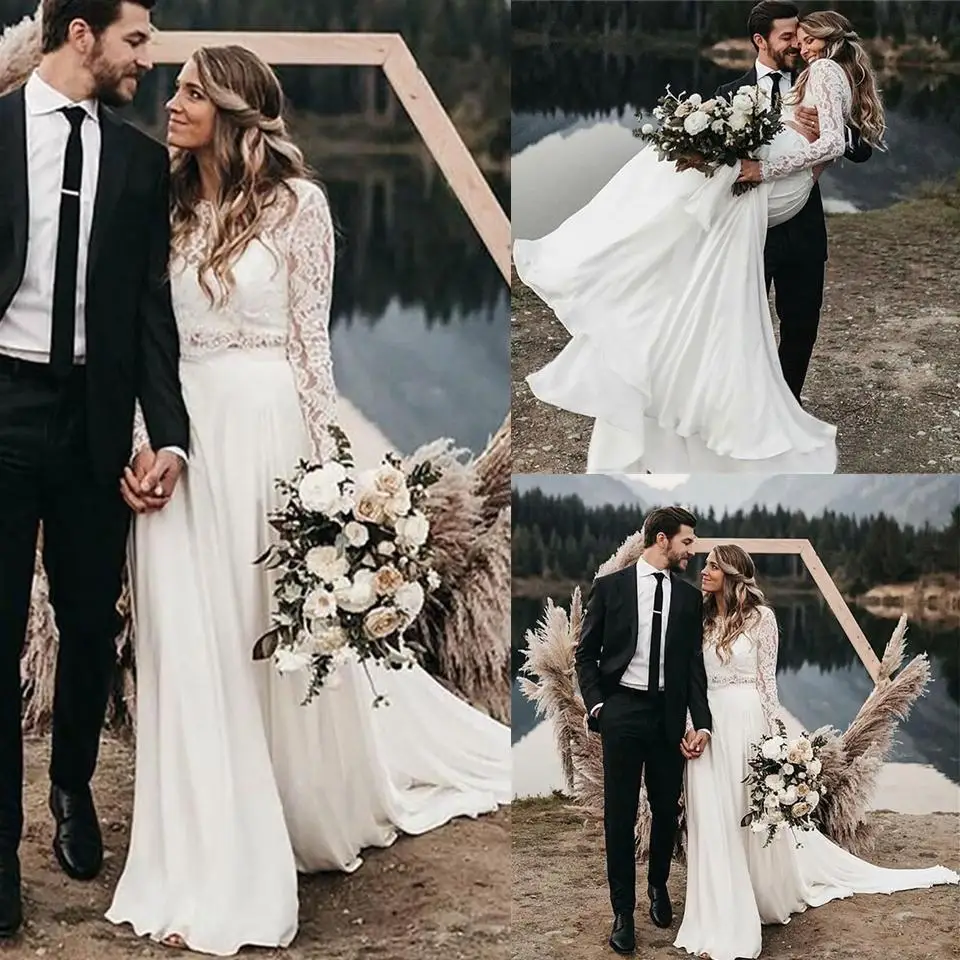 Новинка недорогое пляжное кружевное платье из двух частей шифоновое с длинными рукавами и аппликацией в пол