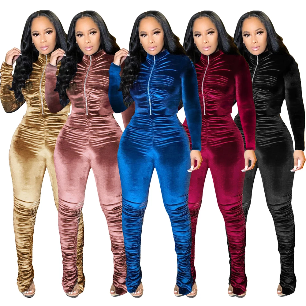 

Women Tracksuit Sweat Suits Velour Two Piece Outfits Winter Long Sleeve Zipper Jacket and Ruched Pants Velvet Loungewear Sets