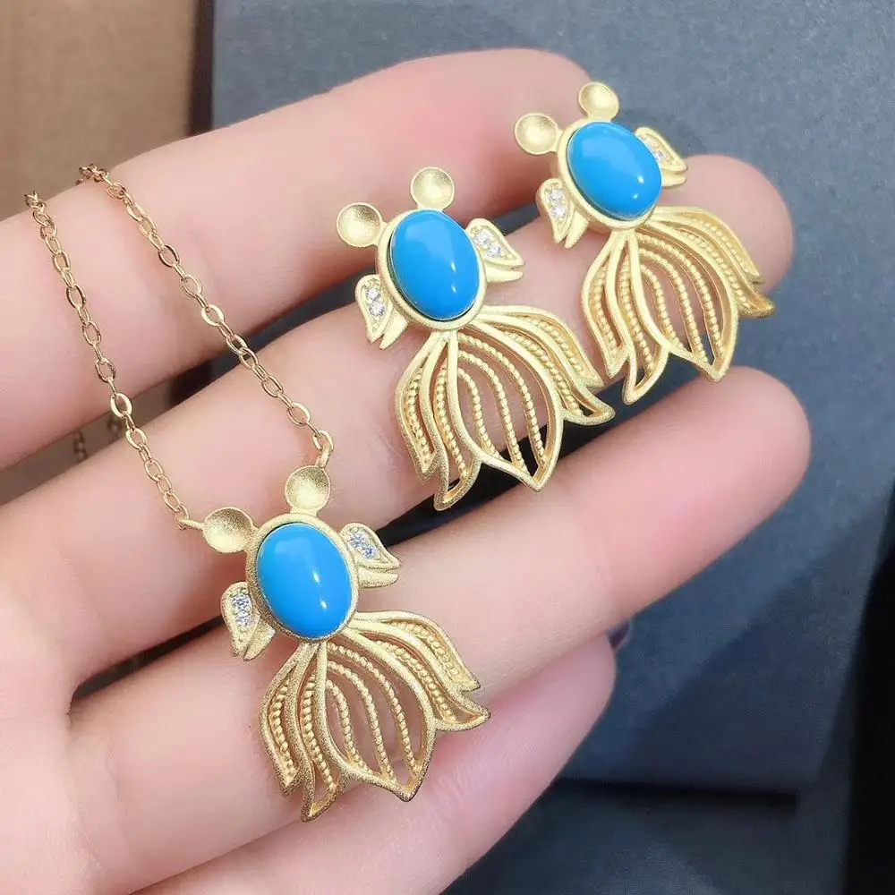 Комплект женских сережек и ожерелья из серебра натуральный голубой бирюзовый