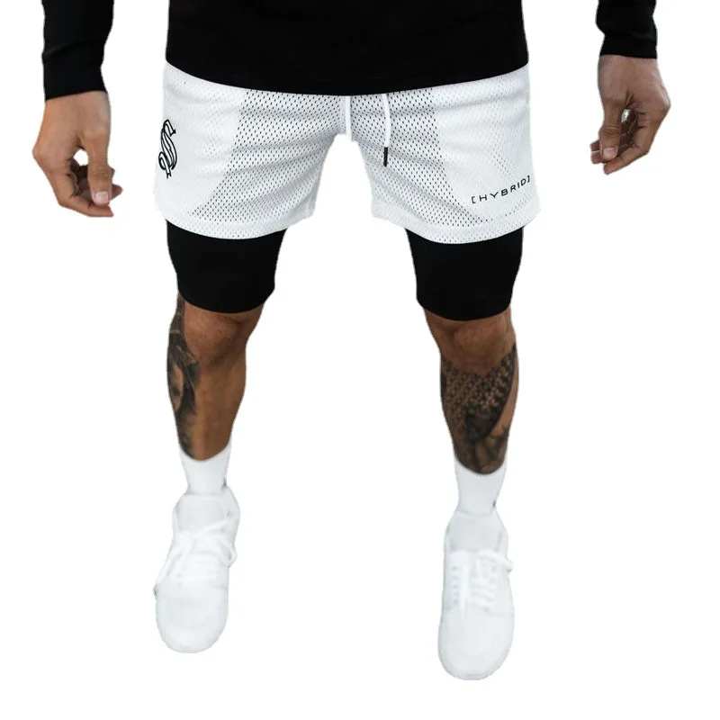 

2021 New European And American Men's Running Double-layer Shorts Hole Eye Sports Fitness Printing Trend Five-point Pants