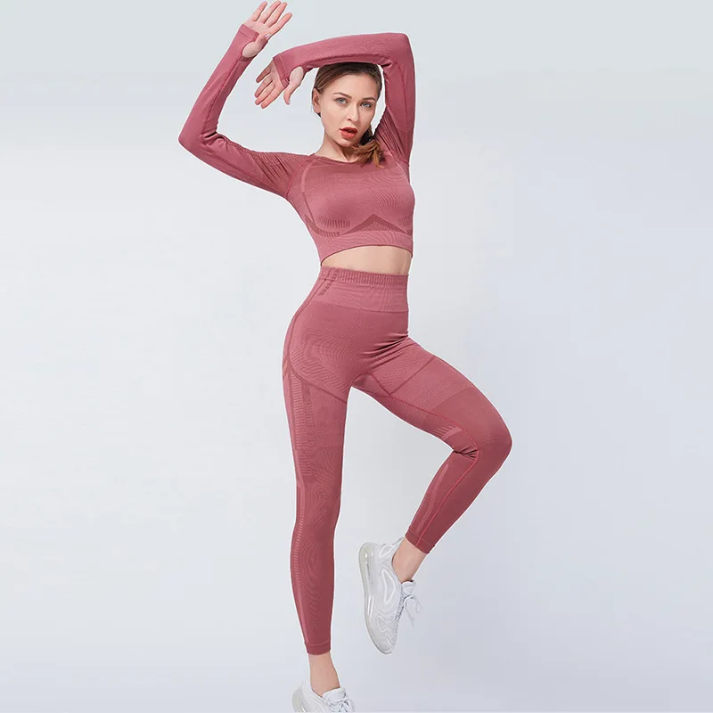 

Ensemble Femme Long Sleeve Crop Top Leggings Yoga Pants 2 Piece Sport Camisetas De Mujer Seamless Leggings Push Up Gym Clothing