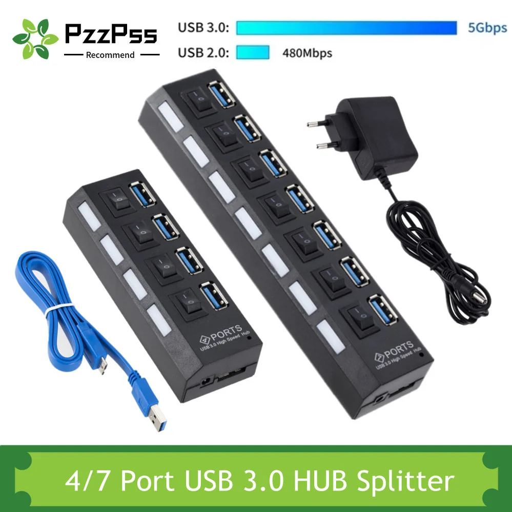 

PzzPss USB 3.0 Hub USB Hub 3.0 Multi USB Splitter Use Power Adapter 4/7 Port Multiple Expander 2.0 USB3 Hub with Switch for PC