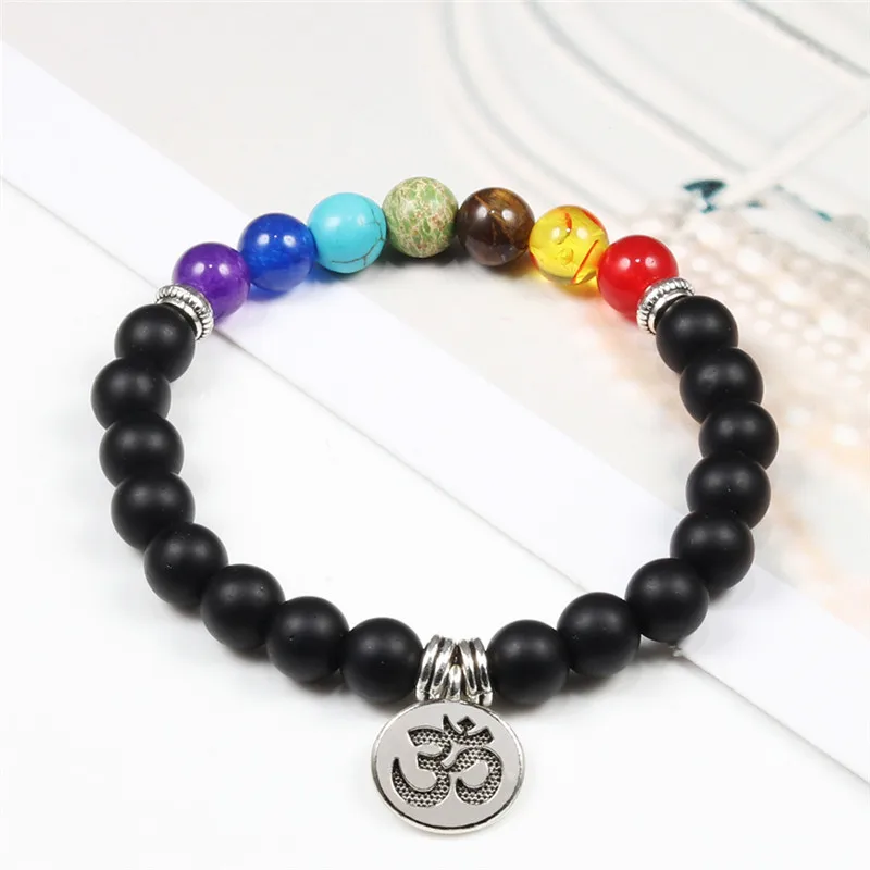 Trendy Bracelet Yoga 7 Chakra Black Lava Natural Stone Bead Charm Bracelets Healing Reiki Buddha lotus Pendant Women Men Jewelry | Украшения