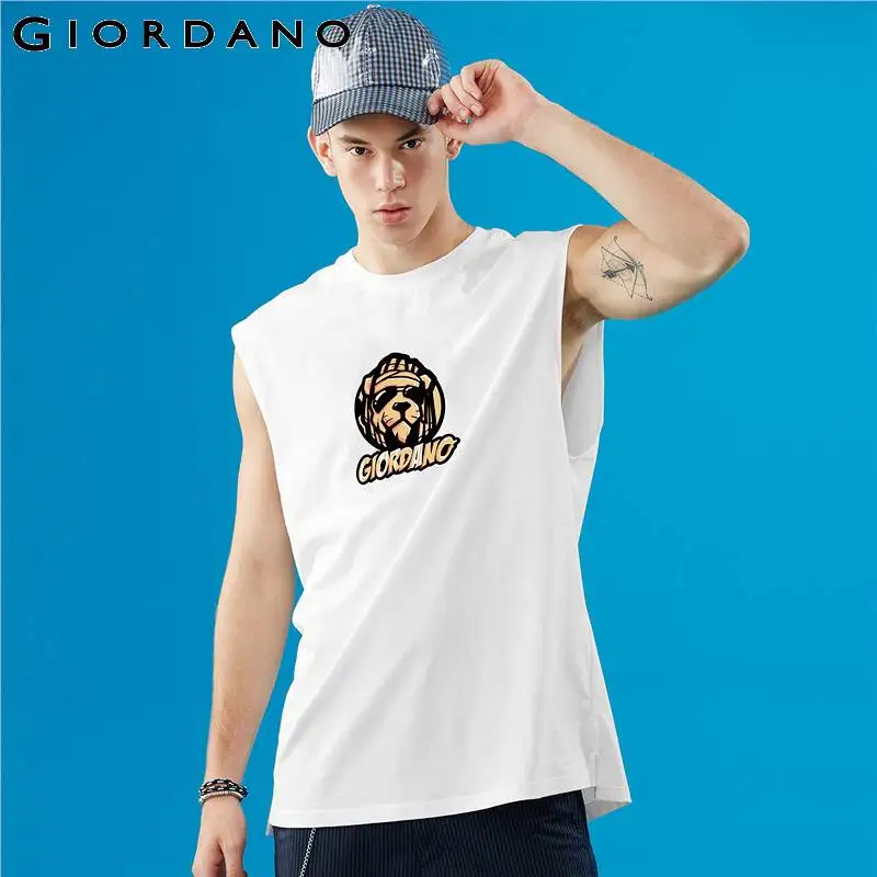 Giordano мужская майка с принтом без рукавов Мужская одежда ребристый Crewneck хлопок