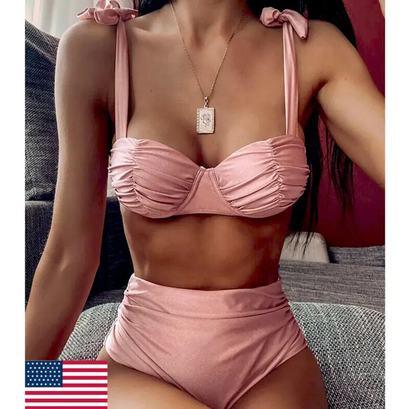 

Women Bikini Sets Solid Color Sleeveless Lace Up Backless Padded Push-up Bra Tops and High Waisted Panties Swimsuit Swimwear