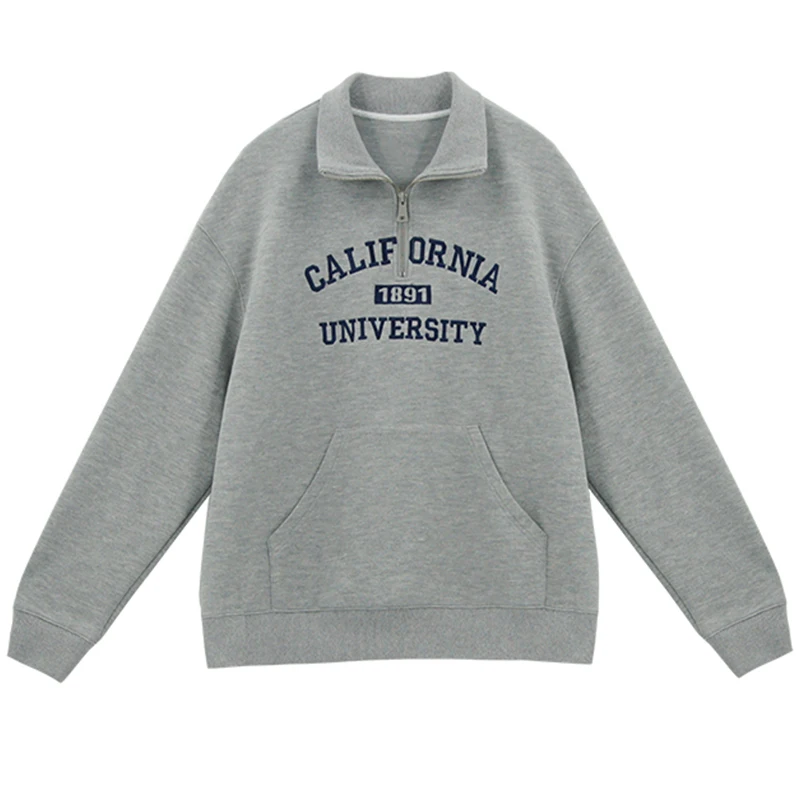 

2020Autumn Designer New Streetwear Gray Cotton USA Vintage POLO Collar Letter Embroid Sweatshirt Women Loose Oversized Pullover