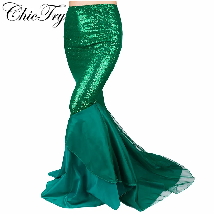 

Women's Party Costume Female Girls Sequins Mermaid Long Tail Skirt with Asymmetric Mesh Panel for Halloween Carnival Clothes