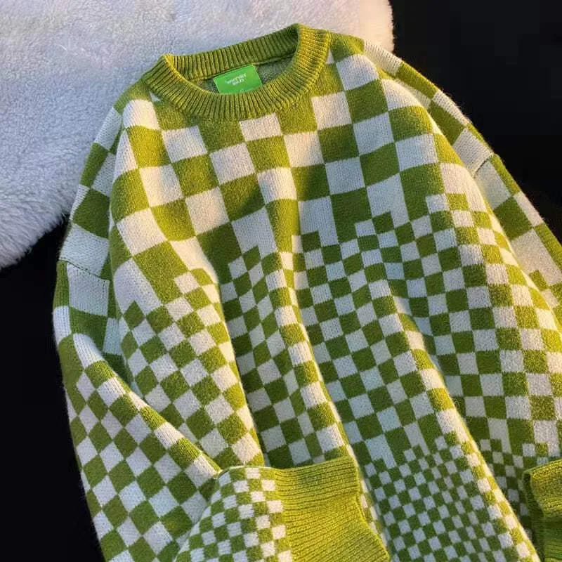 

Plaid Green Jumpersvintage Knit Harajuku Sweater Women Autumn New O Neck Long Sleeve Casual Pullovers Japanese Fashion Sweater
