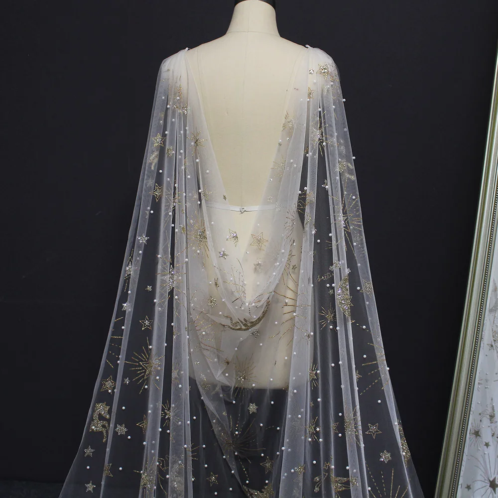 Luxury Pearls Wedding Cape with Gold Dust 3 Meters Long Pearls Wedding Bolero shrugs for women Wedding Accessories
