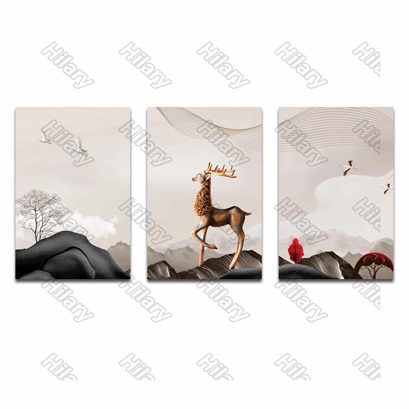 

Posters Deer Bird Plant Land Landscape Canvas Painting Posters and Prints Wall Art Pictures for Living Room and Bedroom 3Pcs