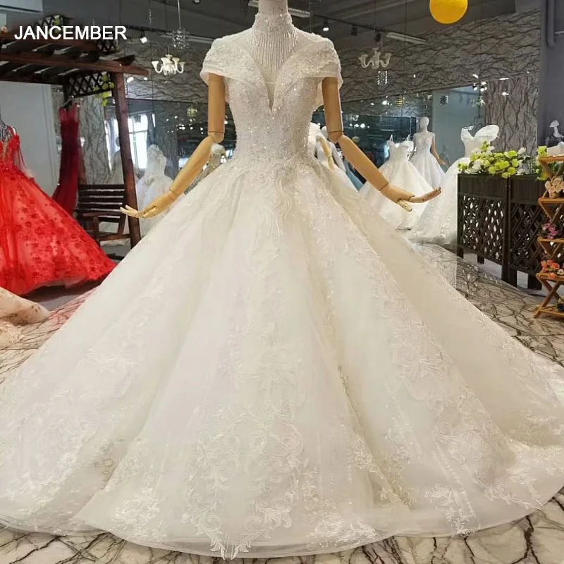 LS850011 free shipping wedding dress short sleeves high neck open keyhole back shiny ball gown count tain robe de soirée longue | Свадьбы и