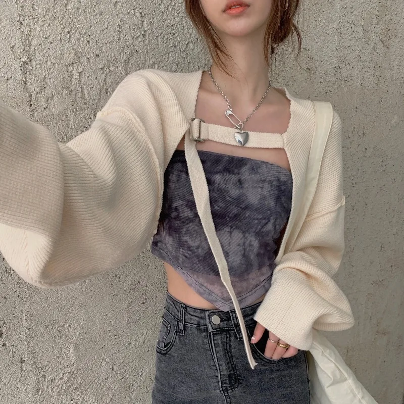 

New 2021 Spring/Autumn Women's Clothing Slim Tanks Fashion Graffiti Printing + Sweater Coat All-match Short Section Tops Trend