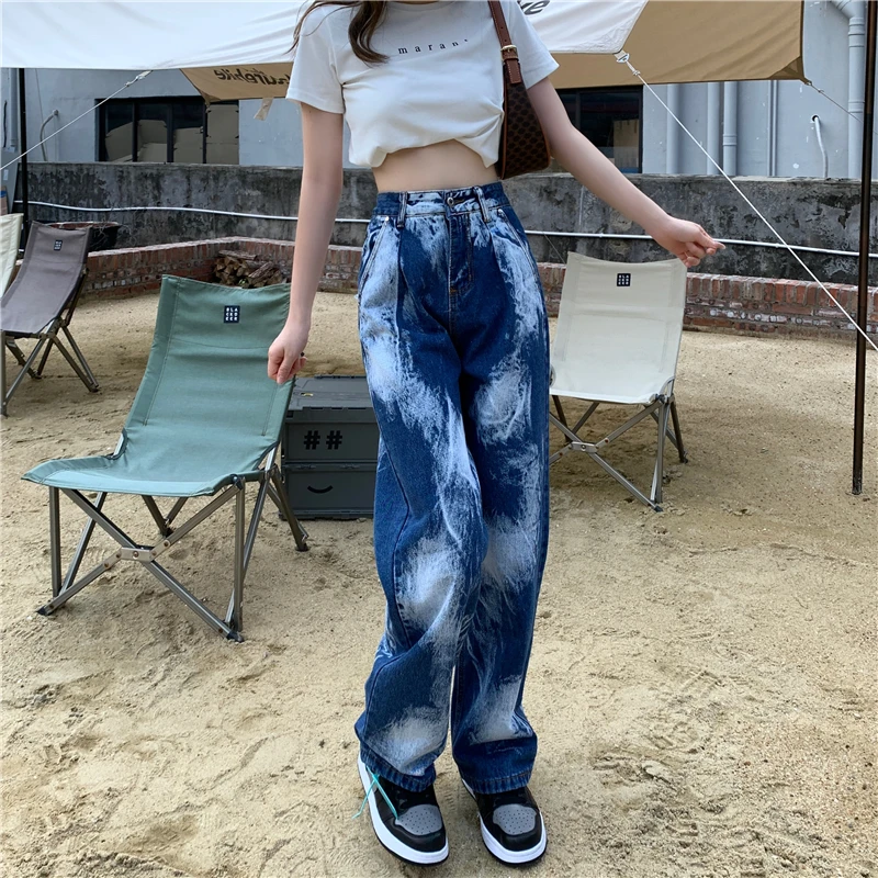 

Autumn and Winter New Blue Color Tie-Dyed Straight Jeans Women's Cotton Large Size Loose Street Wide Leg Mopping BF Trousers