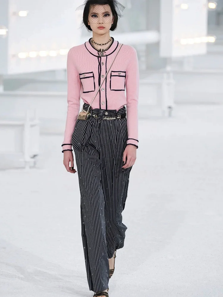 Women's Wide Leg Pants 2021 Runway Fashion Elegant High Waist Striped Full Length Black Pants Women Trousers