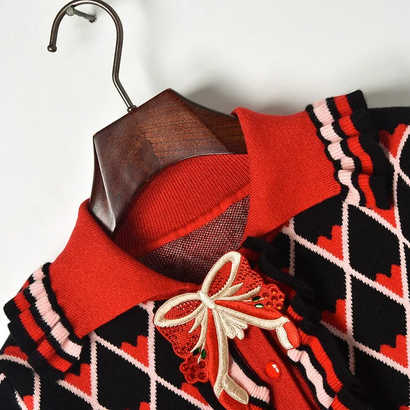 Женский зимний плотный жаккардовый кардиган с оборками длинным рукавом и