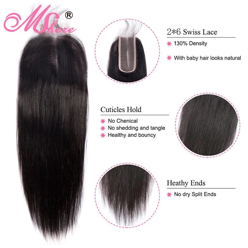 Перуанские прямые человеческие волосы 2x6 дюймов средняя часть кружевное