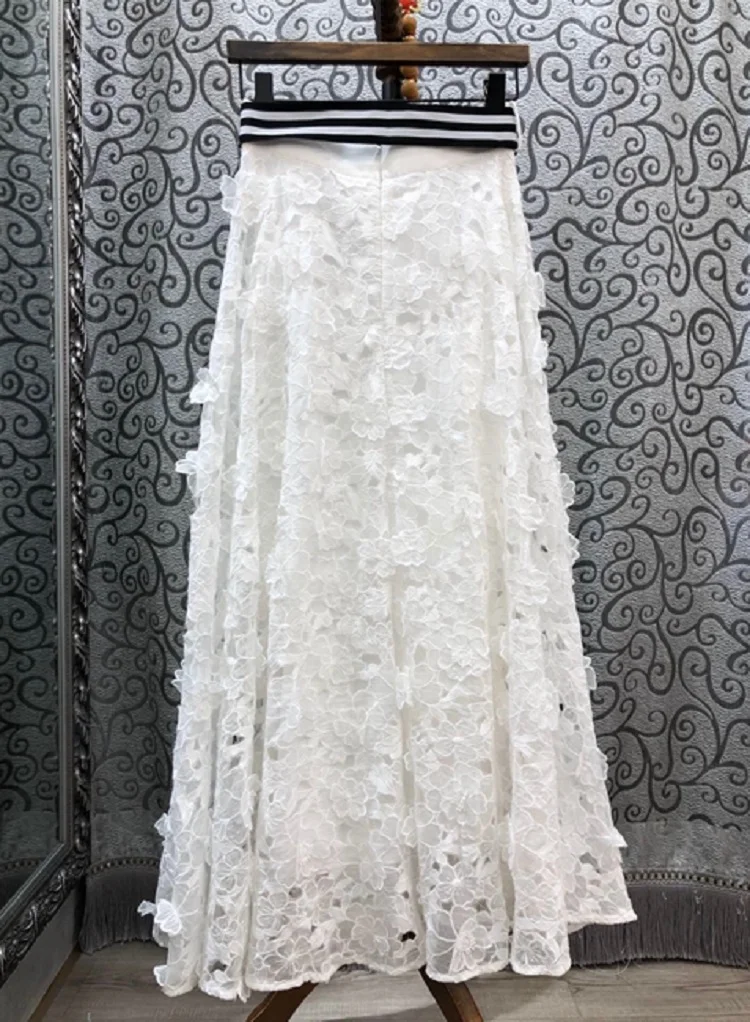 

Top Quality New 2020 Summer Long Skirts Women Allover Luxurious Embroidery Striped Belt Deco Floor-Length Long White Maxi Skirts