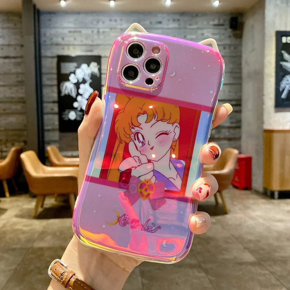 blu ray cute cat ear soft shell phone case suitable for iphone 12 11 pro max x xs xr 7 8 plus anti drop protective case free global shipping