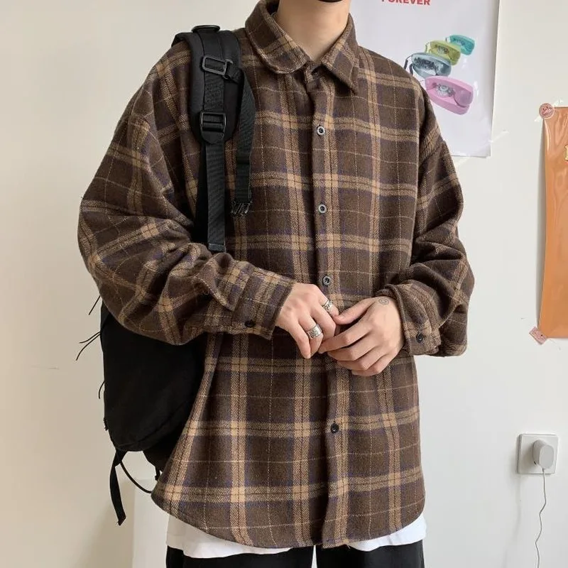 

Korean Clothes Retro Thick Woolen Plaid Shirt Cotton Long Sleeve Turn-down Collar Brown Casual Loose Harajuku Couple Clothing