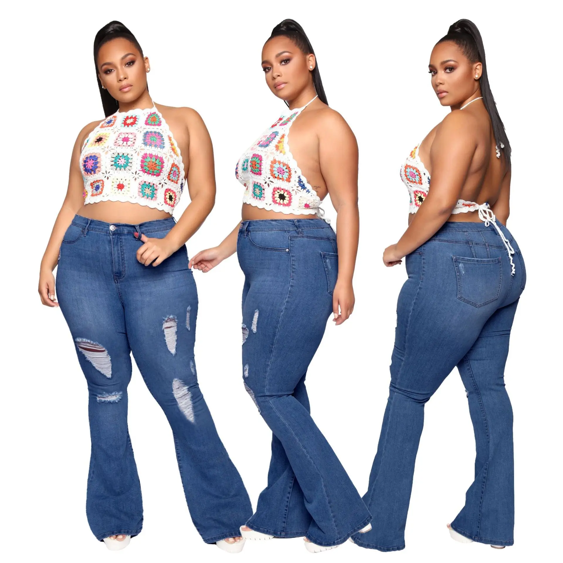 

Fashion Oversize Women Jeans High Waist Button Fly With Pockets Hollow Out Flare Floor-length Lady's Pants All Matching XL-5XL