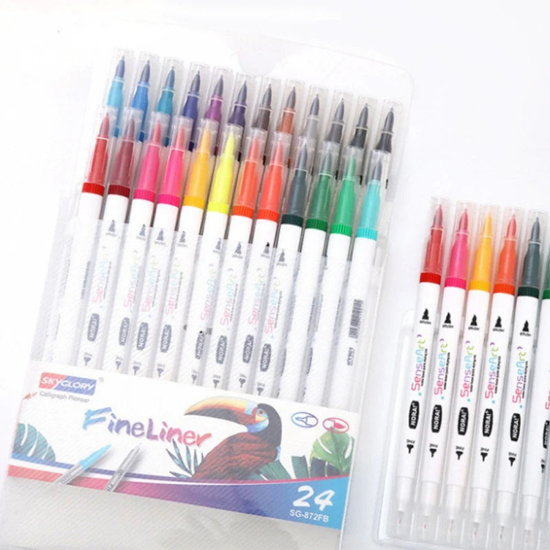 

SG Portable Color Double-head Hook Cable Set Children Multi-color Soft Head Mock 12/24 Color Painting Brush Painting Tool