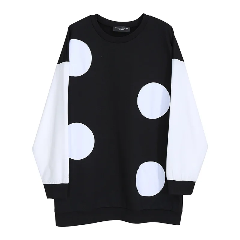 

SuperAen New Spring Loose Plus Size Polka Dot Print O Neck Top Sweatshirt Women