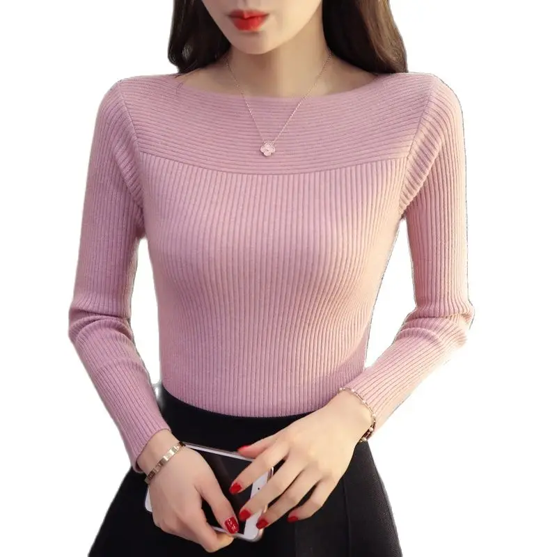 Autumn And Winter new Korean women collar sweater all-match long sleeved shirt slim one-neck female thread tight Pullover | Женская