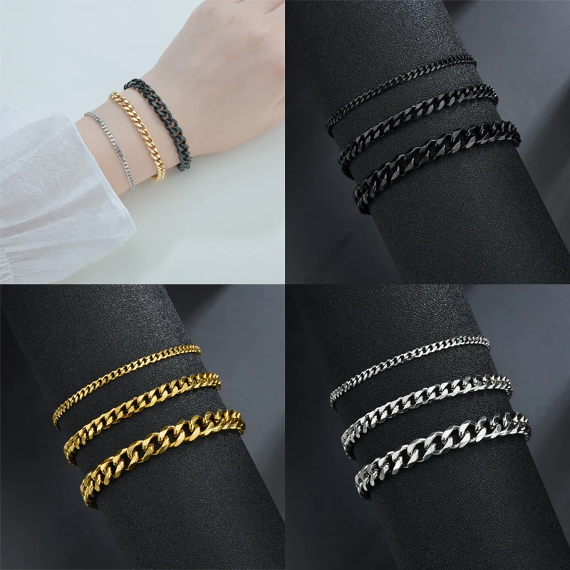

New Trendy Cuban Chain Men Bracelet Classic Stainless Steel 3/5/7mm Width Chain Bracelet For Men Women Jewelry Gift