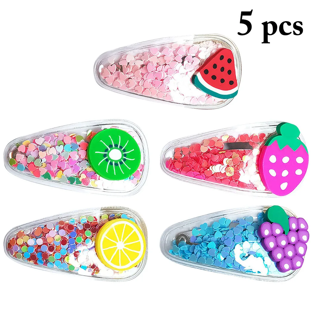5PCS Girls Colorful Quicksand Transparent Fruit Pattern Snap Hair Clip Fashion Cartoon Confetti Pin Barrette |