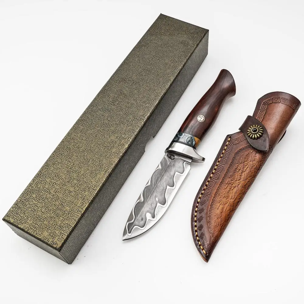Hx открытый дамасский острый нож с фиксированным клинком кемпинговые ножи для
