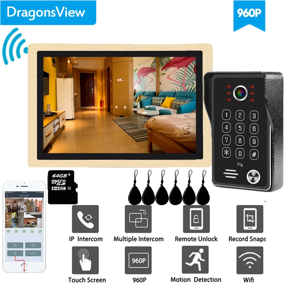Видеодомофон Dragonsview 10 дюймов беспроводная система связи с Wi Fi домофон RFID